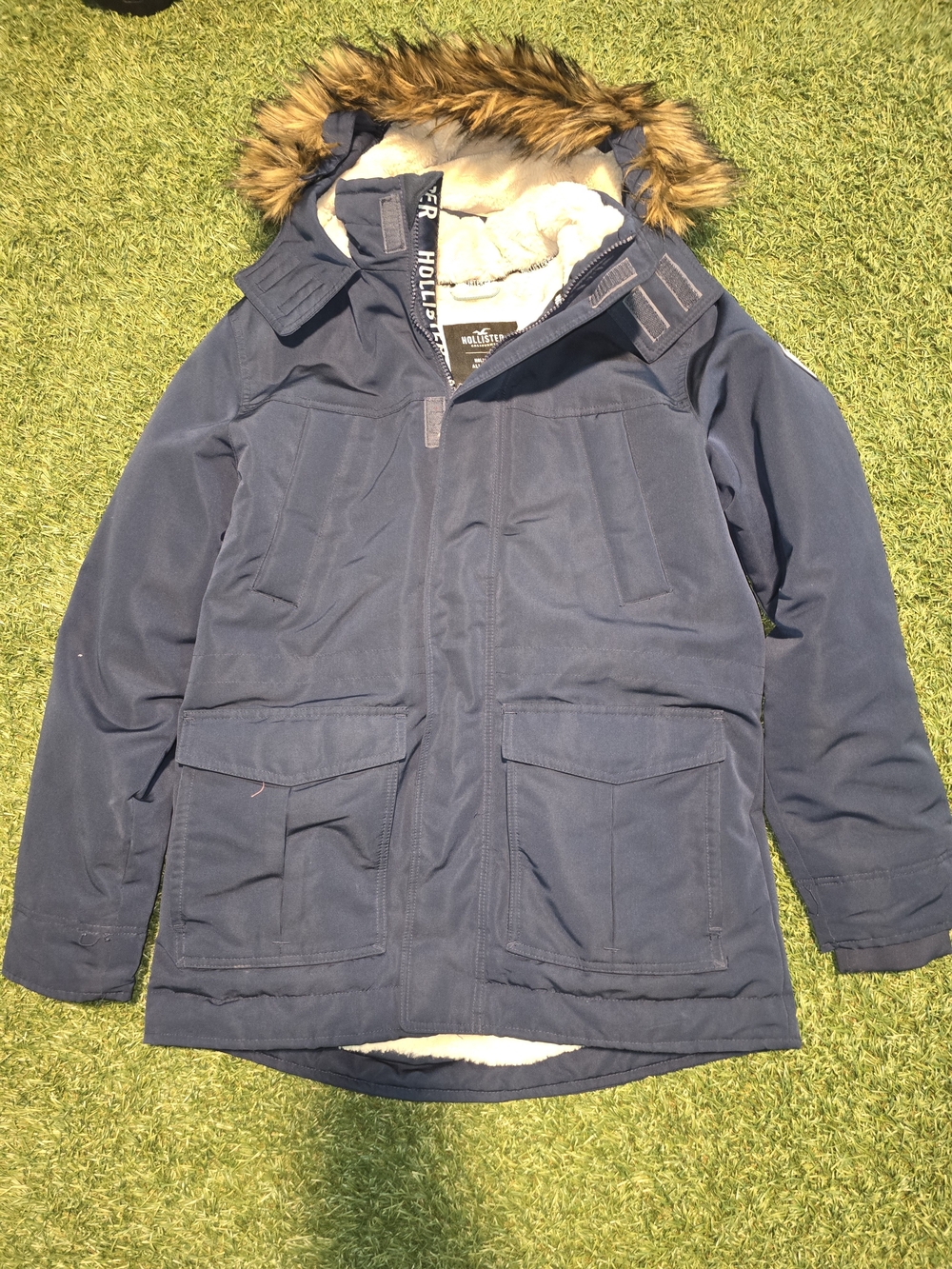 Hollister Navy Parka Jacket with Faux Fur Hood Mens Sz L
